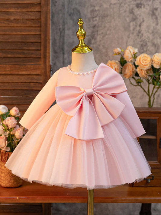 Vestido de Cetim para Desfile de Bebês Meninas, Manga Longa com Decoração em Laço, Colar de Pérolas, Barra Plissada de Tule Brilhante, Vestido Formal de Outono Inverno para Natal, para Festa de Aniversário e Casamento