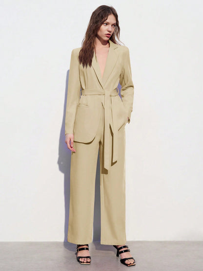 Conjunto de terno de trabalho feminino de Calça e Paletó de Mangas Longas com Lapela, de cor sólida bordô
