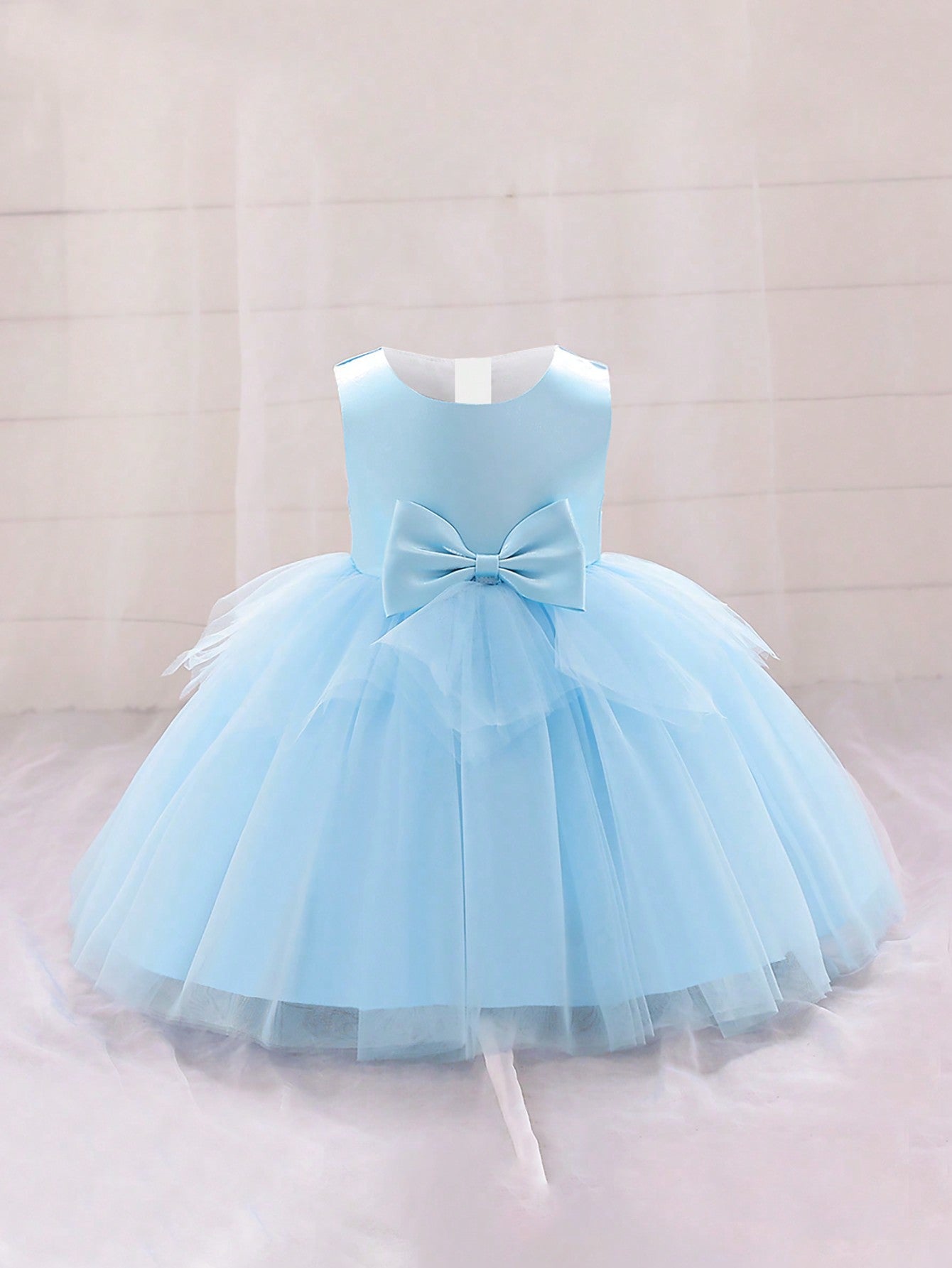 Vestido Formal para Bebê Menina, Tecido de Tule Estilo Doce com Decoração de Laço na Cintura, Adequado para Festa de Aniversário, Elegante e