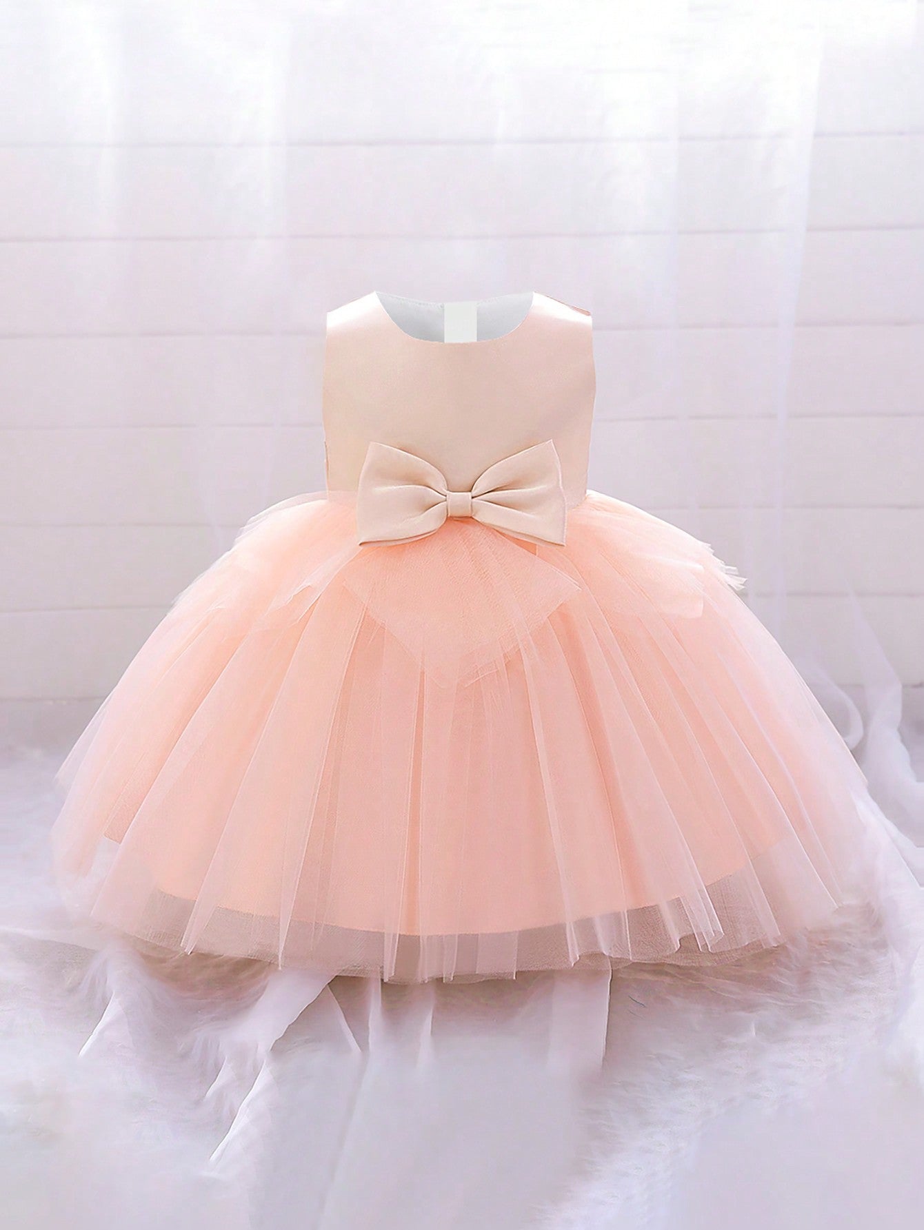 Vestido Formal para Bebê Menina, Tecido de Tule Estilo Doce com Decoração de Laço na Cintura, Adequado para Festa de Aniversário, Elegante e