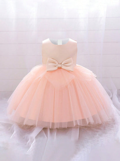 Vestido Formal para Bebê Menina, Tecido de Tule Estilo Doce com Decoração de Laço na Cintura, Adequado para Festa de Aniversário, Elegante e