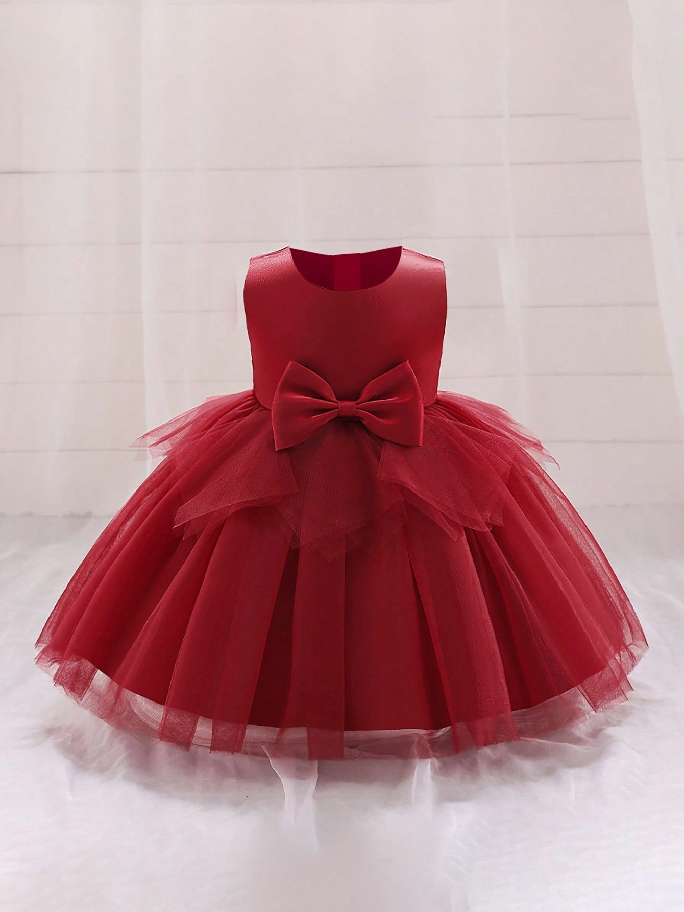 Vestido Formal para Bebê Menina, Tecido de Tule Estilo Doce com Decoração de Laço na Cintura, Adequado para Festa de Aniversário, Elegante e