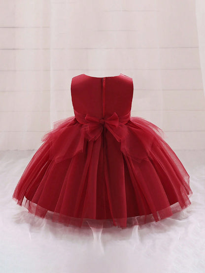 Vestido Formal para Bebê Menina, Tecido de Tule Estilo Doce com Decoração de Laço na Cintura, Adequado para Festa de Aniversário, Elegante e