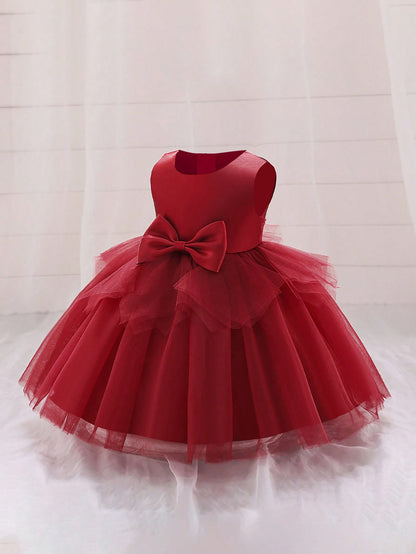 Vestido Formal para Bebê Menina, Tecido de Tule Estilo Doce com Decoração de Laço na Cintura, Adequado para Festa de Aniversário, Elegante e