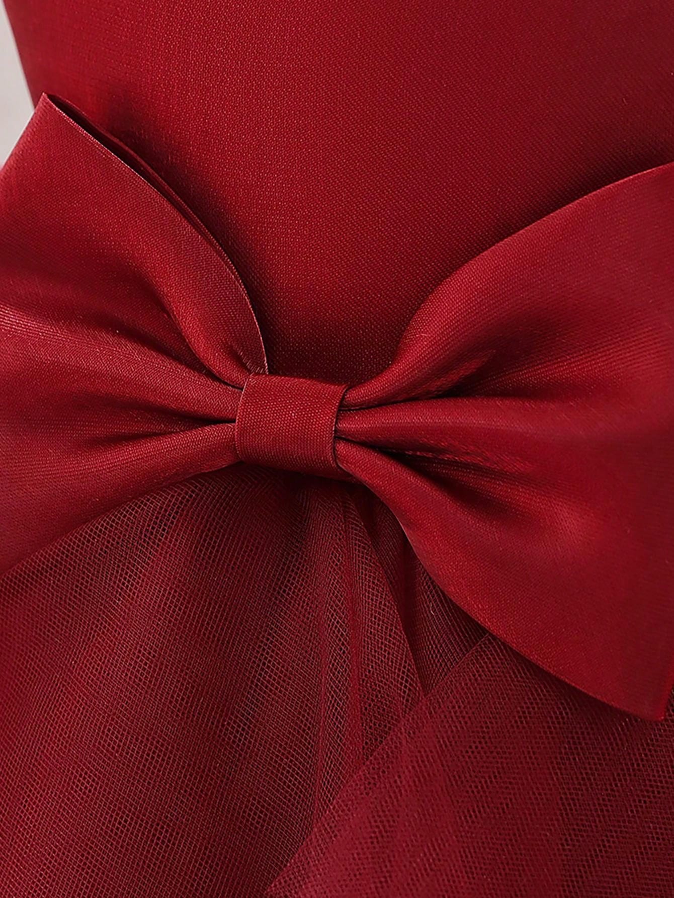 Vestido Formal para Bebê Menina, Tecido de Tule Estilo Doce com Decoração de Laço na Cintura, Adequado para Festa de Aniversário, Elegante e