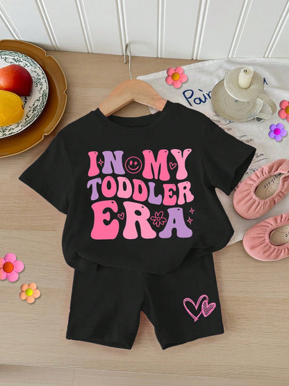 Conjunto Casual de Shorts de Manga Curta com Estampa de Letra Minimalista para Bebê Menina, Mistura de Algodão de Verão