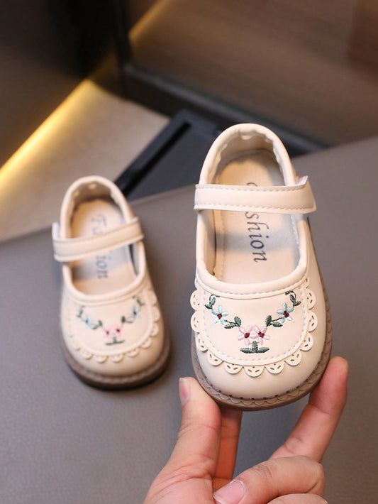 1 Par de Sapatos Planos de Couro Bordados para Bebês Meninas, Sola Macia e Anti-Derrapante