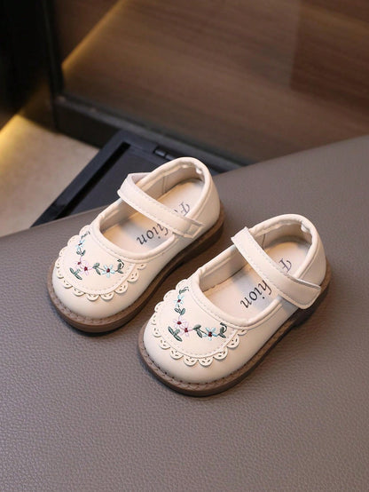 1 Par de Sapatos Planos de Couro Bordados para Bebês Meninas, Sola Macia e Anti-Derrapante