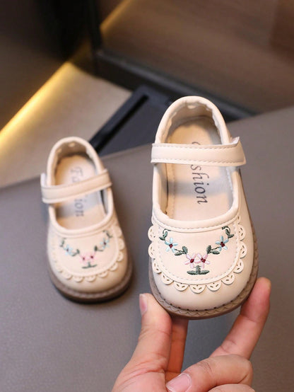 1 Par de Sapatos Planos de Couro Bordados para Bebês Meninas, Sola Macia e Anti-Derrapante