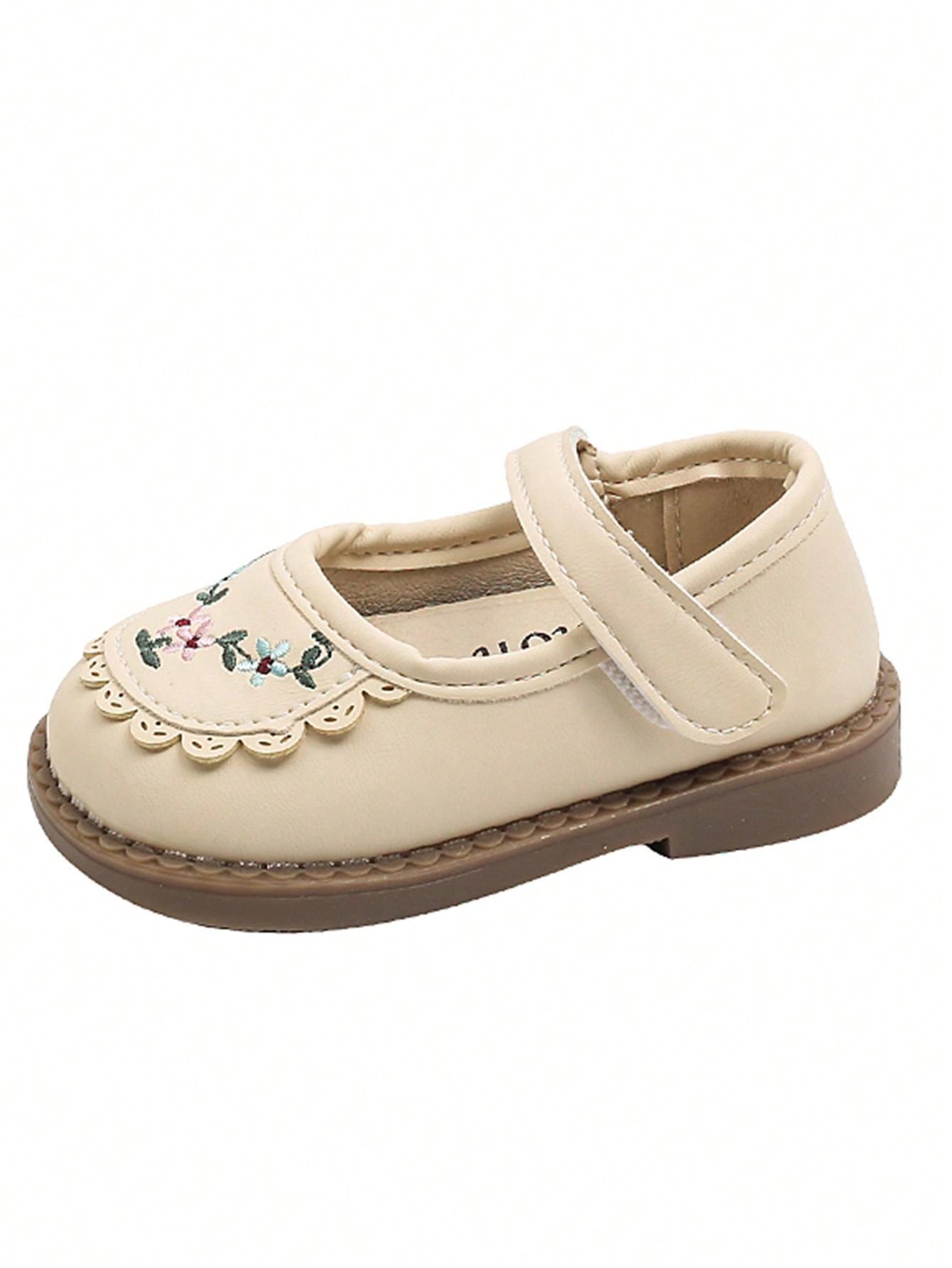 1 Par de Sapatos Planos de Couro Bordados para Bebês Meninas, Sola Macia e Anti-Derrapante