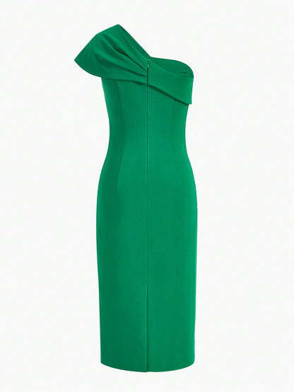 VESTIDO MIDI SLIM FIT COM DETALHE DE LAÇO GRANDE DE UM OMBRO ÚNICO