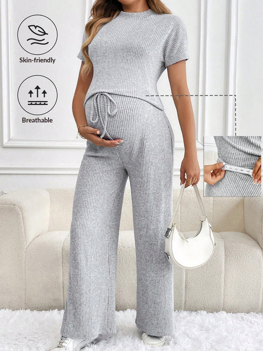 2 peças Conjunto de Top de Manga Curta Casual e Calça para Gestantes, Verão