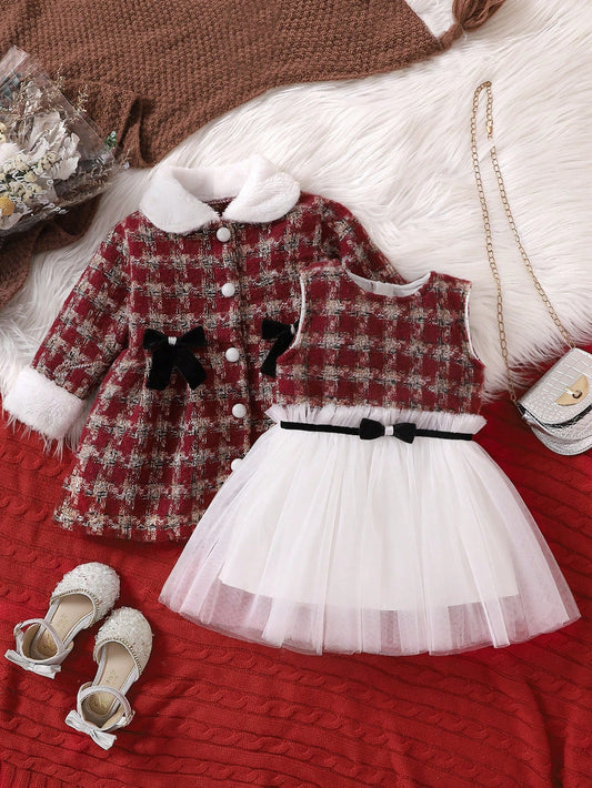 2 peças/conjunto Jaqueta de Pelúcia com Lapela e Manga Longa Xadrez com Botão de Pérola e Gravata de Laço de Pelúcia