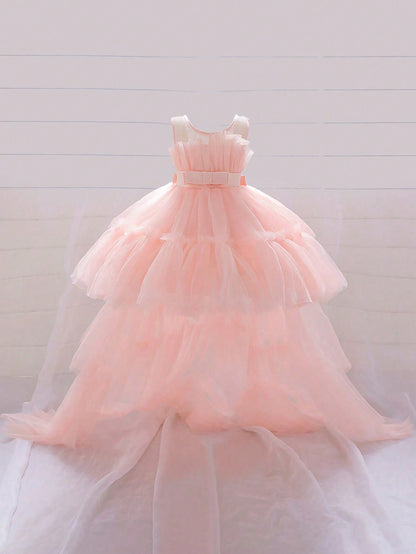 Vestido de Cauda de Tule em Camadas de Cor Sólida para Bebê Menina, Elegante Roupa Formal Adequada para Festas e Banquetes, Bainha Removível