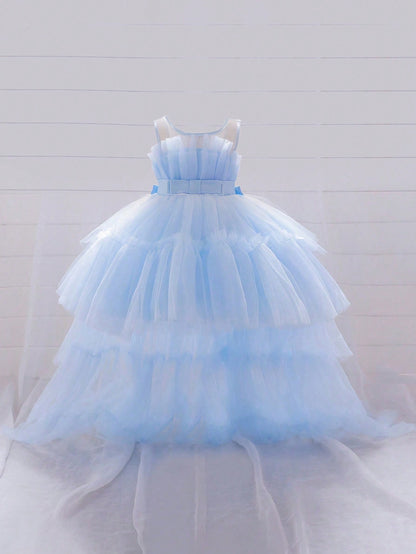 Vestido de Cauda de Tule em Camadas de Cor Sólida para Bebê Menina, Elegante Roupa Formal Adequada para Festas e Banquetes, Bainha Removível