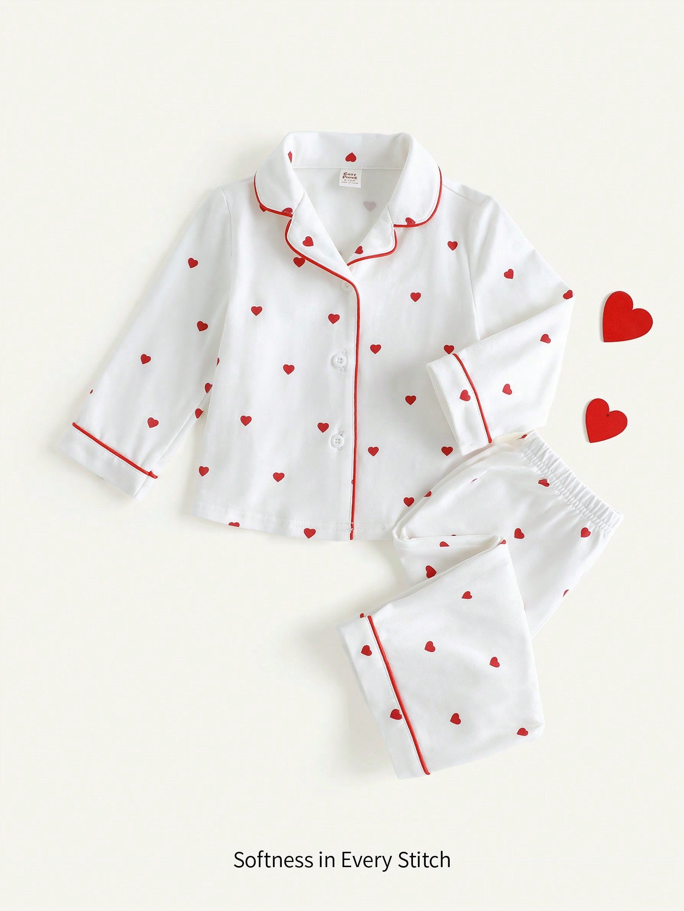 2 peças Conjunto Meninas Bebê com Cardigã de Gola em Contraste de Cor com Estampa de Coração e Calça Casual