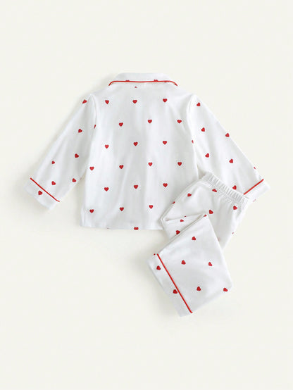 2 peças Conjunto Meninas Bebê com Cardigã de Gola em Contraste de Cor com Estampa de Coração e Calça Casual