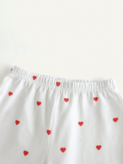 2 peças Conjunto Meninas Bebê com Cardigã de Gola em Contraste de Cor com Estampa de Coração e Calça Casual