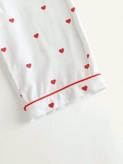 2 peças Conjunto Meninas Bebê com Cardigã de Gola em Contraste de Cor com Estampa de Coração e Calça Casual