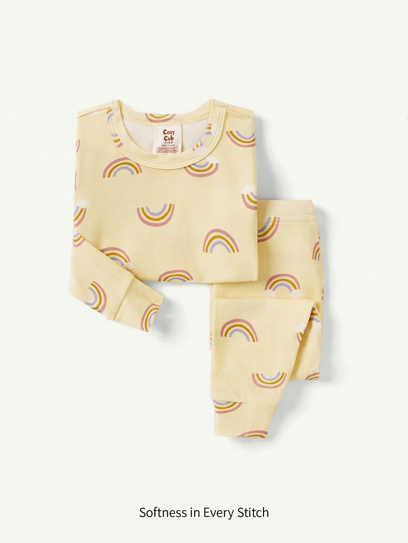 2 peças Conjunto de Pijama Justo para Meninas Bebê com Estampa Gráfica Arco-Íris - Top de Manga Longa e Calça