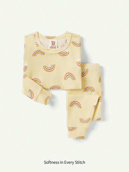 2 peças Conjunto de Pijama Justo para Meninas Bebê com Estampa Gráfica Arco-Íris - Top de Manga Longa e Calça