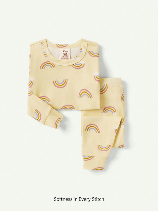 2 peças Conjunto de Pijama Justo para Meninas Bebê com Estampa Gráfica Arco-Íris - Top de Manga Longa e Calça