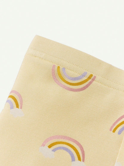 2 peças Conjunto de Pijama Justo para Meninas Bebê com Estampa Gráfica Arco-Íris - Top de Manga Longa e Calça