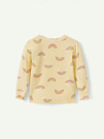 2 peças Conjunto de Pijama Justo para Meninas Bebê com Estampa Gráfica Arco-Íris - Top de Manga Longa e Calça