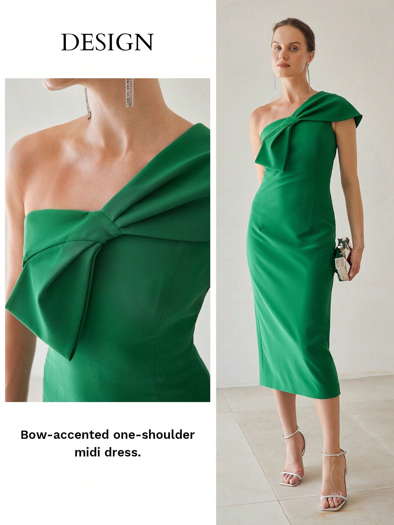 VESTIDO MIDI SLIM FIT COM DETALHE DE LAÇO GRANDE DE UM OMBRO ÚNICO