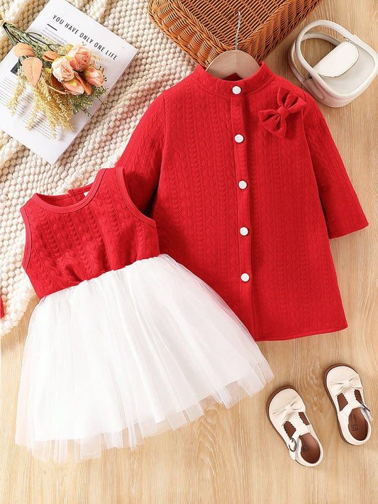 2 peças/Conjunto Vestido e Casaco de Jacquard Elegante de Pelúcia para Meninas Bebê, Adequado para Natal, Brincadeiras ao Ar Livre