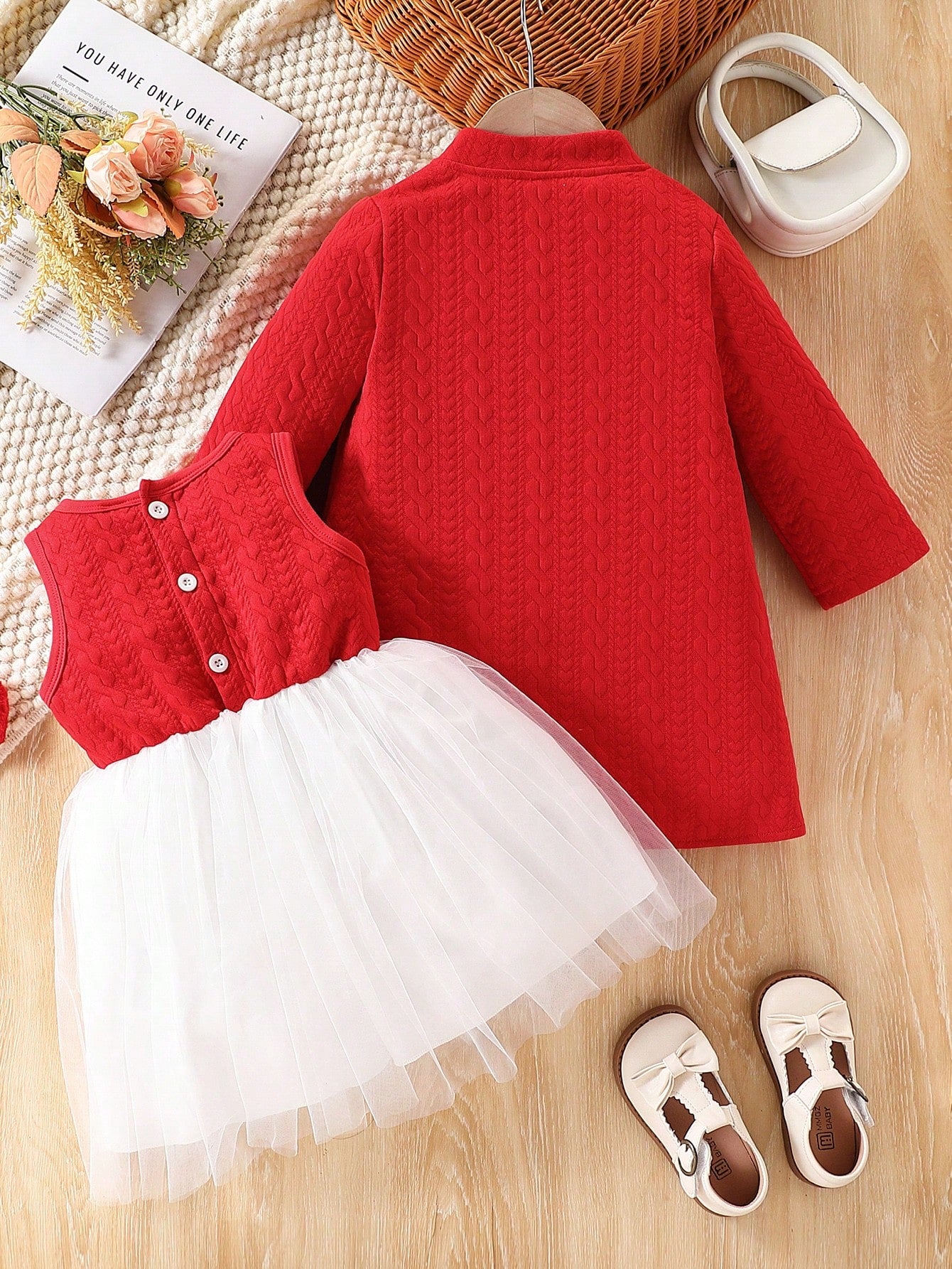 2 peças/Conjunto Vestido e Casaco de Jacquard Elegante de Pelúcia para Meninas Bebê, Adequado para Natal, Brincadeiras ao Ar Livre