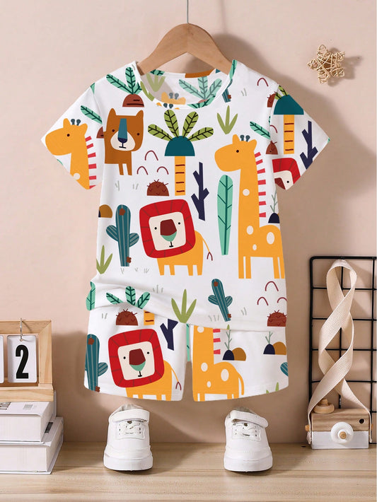 2 peças/Conjunto Camiseta de Manga Curta e Gola Redonda com Estampa Allover Menino Jovem e Shorts Casuais e Fashion