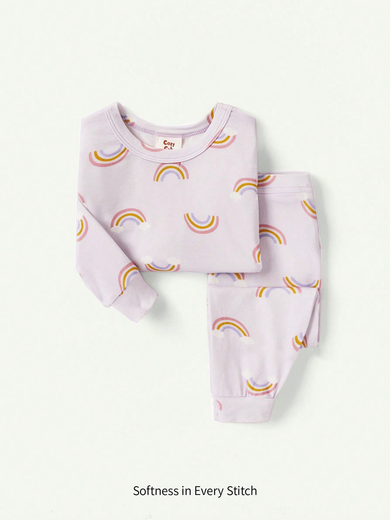 2 peças Conjunto de Pijama Justo para Meninas Bebê com Estampa Gráfica Arco-Íris - Top de Manga Longa e Calça