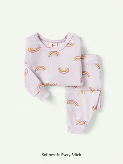 2 peças Conjunto de Pijama Justo para Meninas Bebê com Estampa Gráfica Arco-Íris - Top de Manga Longa e Calça