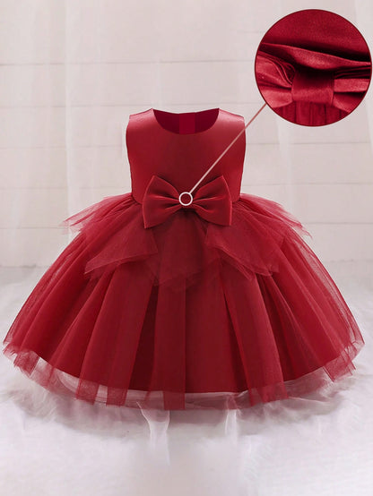Vestido Formal para Bebê Menina, Tecido de Tule Estilo Doce com Decoração de Laço na Cintura, Adequado para Festa de Aniversário, Elegante e