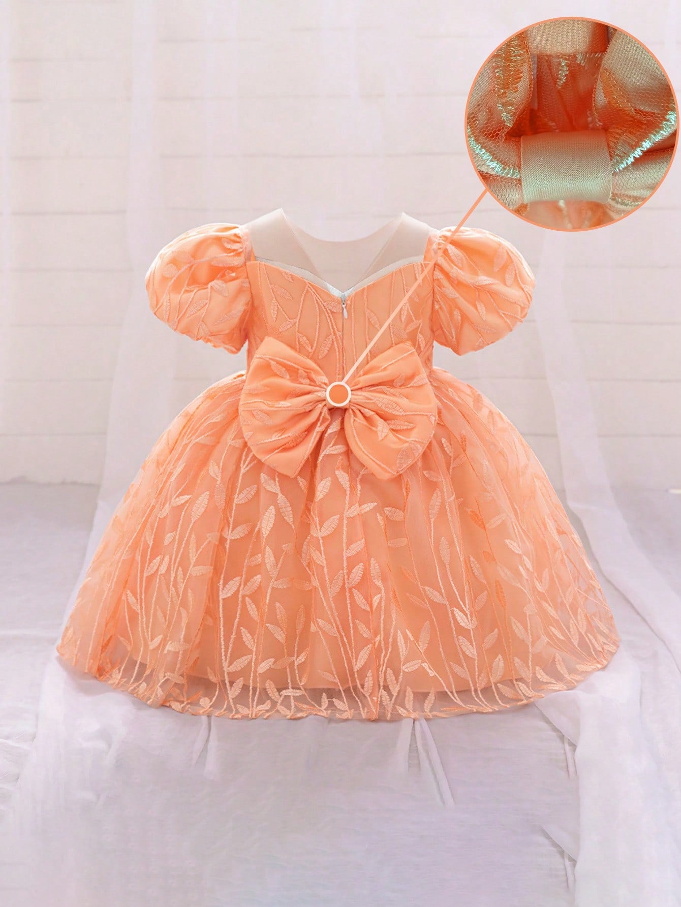 1 peça Vestido de festa de aniversário de 1 ano fofo com estampa de folha e manga bufante para meninas, adequado para dama de honra, casamento e uso externo