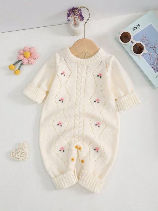 Macacão de Malha com Bordado Floral de Manga Longa para Bebê Menina, Outono/Inverno