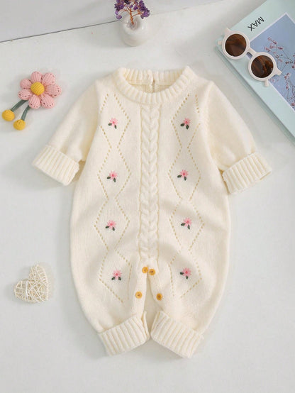 Macacão de Malha com Bordado Floral de Manga Longa para Bebê Menina, Outono/Inverno