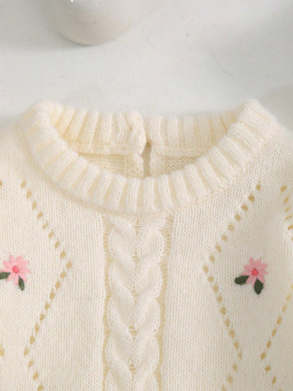 Macacão de Malha com Bordado Floral de Manga Longa para Bebê Menina, Outono/Inverno