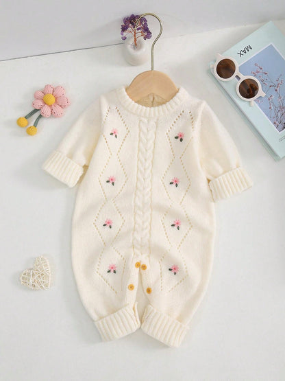 Macacão de Malha com Bordado Floral de Manga Longa para Bebê Menina, Outono/Inverno