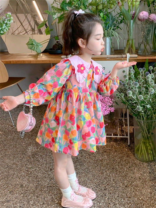 Vestido Longo com Manga Longa e Babados para Meninas, Roupa Estilo Francês para Meninas Jovens na Primavera e Outono