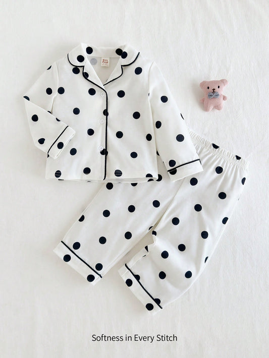2 peças Conjunto de Pijama de Menina Bebê com Cardigan de Gola Lapela e Calça Longa com Estampa de Poá