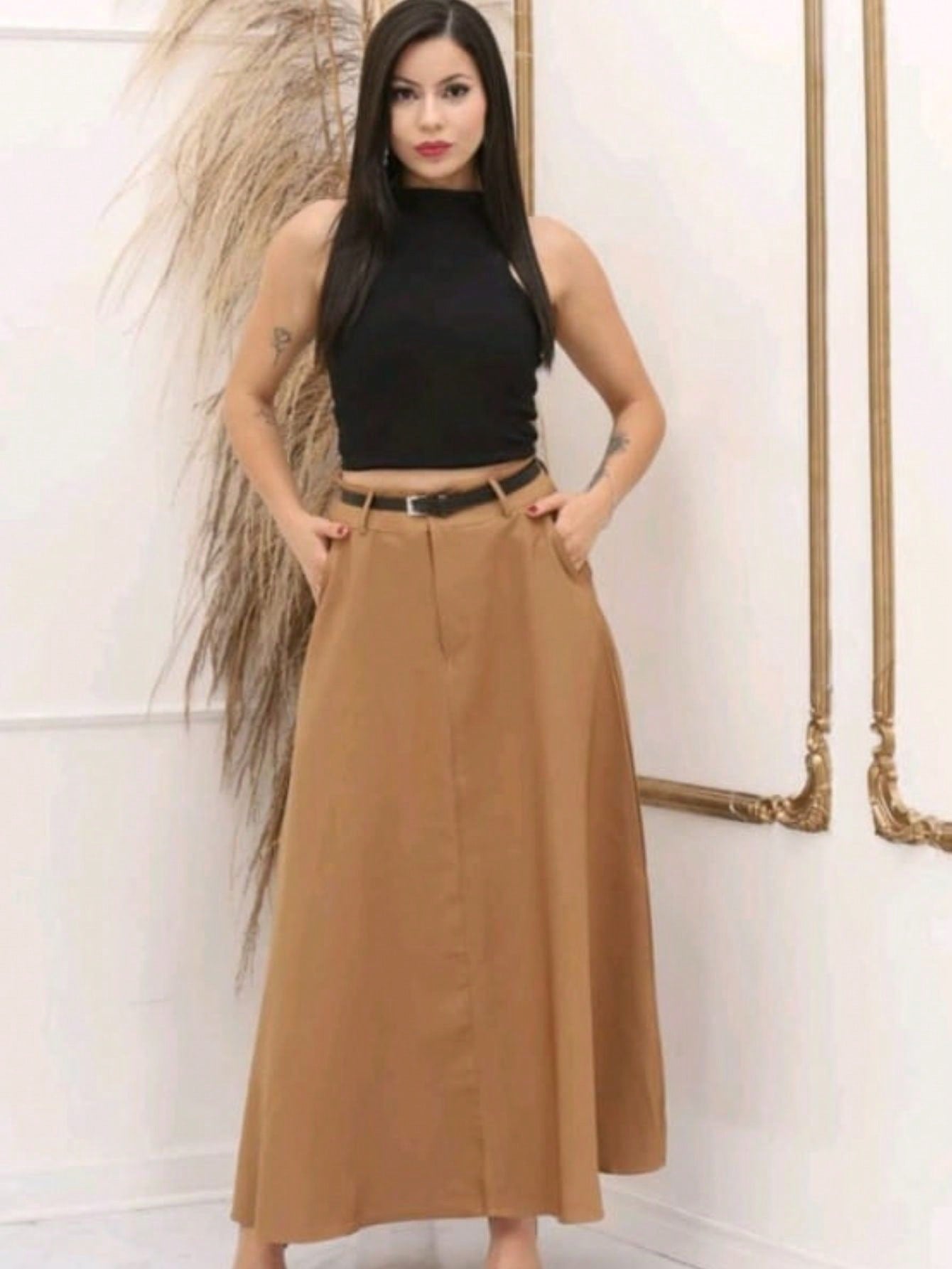 Saia cumprida alfaiataria com bolso moda evangelica