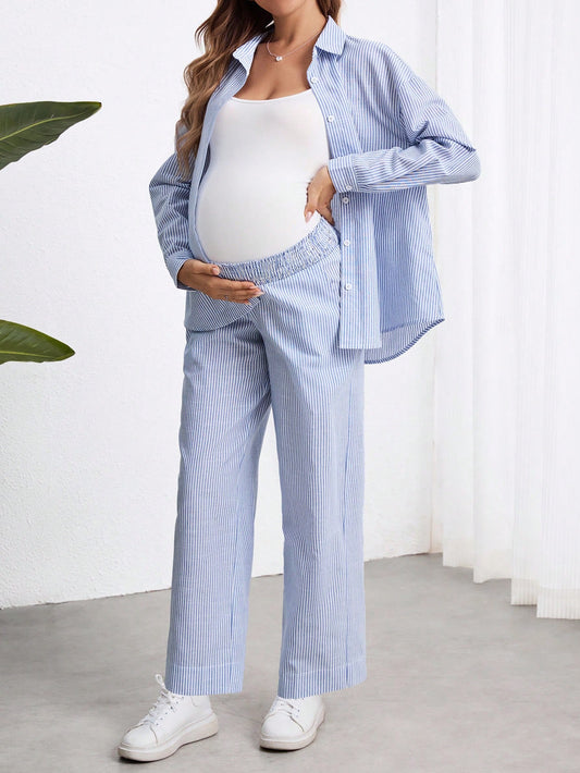 Conjunto de 2 peças de maternidade, camisa de mangas longas com botões e listras, e calça reta de cintura ajustável, soltas, para gestantes, outono