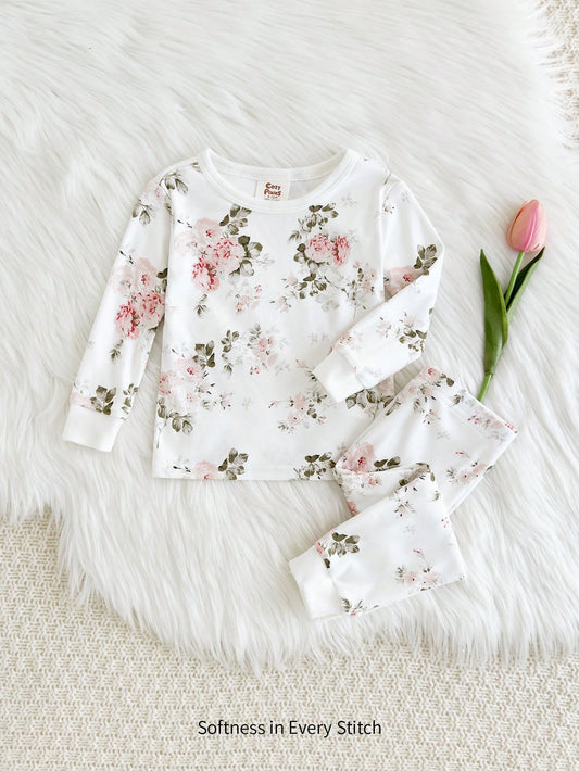 2 peças Conjunto de Pijama com Top de Manga Longa Gola Careca e Calça Estampado Floral Macio Tricotado para Bebê Menina