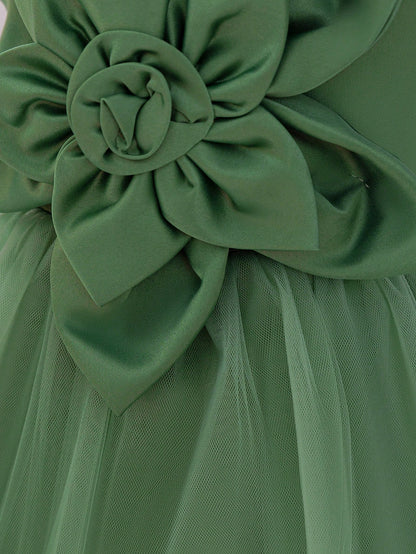 Vestido de Festa de Dama de Honra Infantil com Flor de Tule de Cetim, Vestido de Princesa Encantador para Eventos e Casamentos