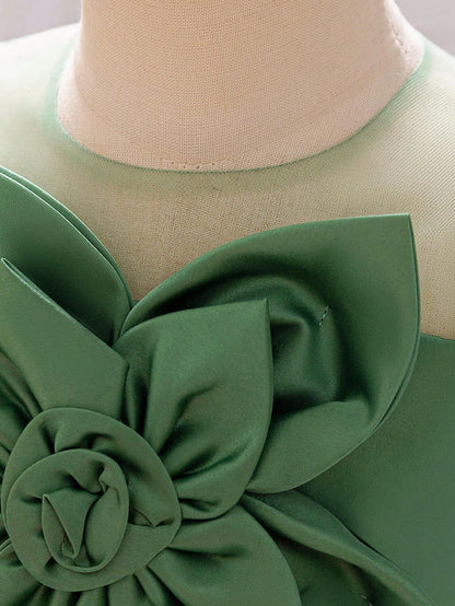 Vestido de Festa de Dama de Honra Infantil com Flor de Tule de Cetim, Vestido de Princesa Encantador para Eventos e Casamentos