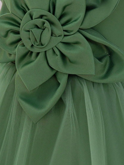 Vestido de Festa de Dama de Honra Infantil com Flor de Tule de Cetim, Vestido de Princesa Encantador para Eventos e Casamentos