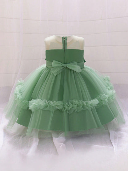 Vestido de Festa de Dama de Honra Infantil com Flor de Tule de Cetim, Vestido de Princesa Encantador para Eventos e Casamentos