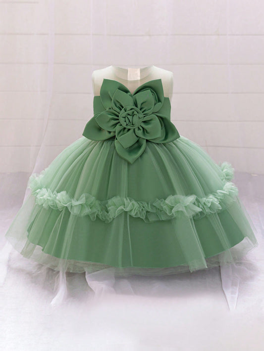 Vestido de Festa de Dama de Honra Infantil com Flor de Tule de Cetim, Vestido de Princesa Encantador para Eventos e Casamentos